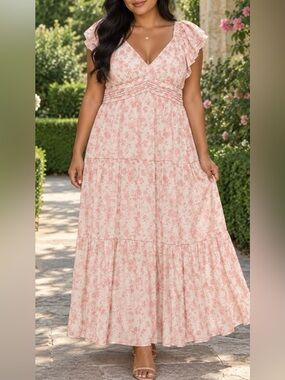 Trixxi Pink Floral Tiered Maxi Dress